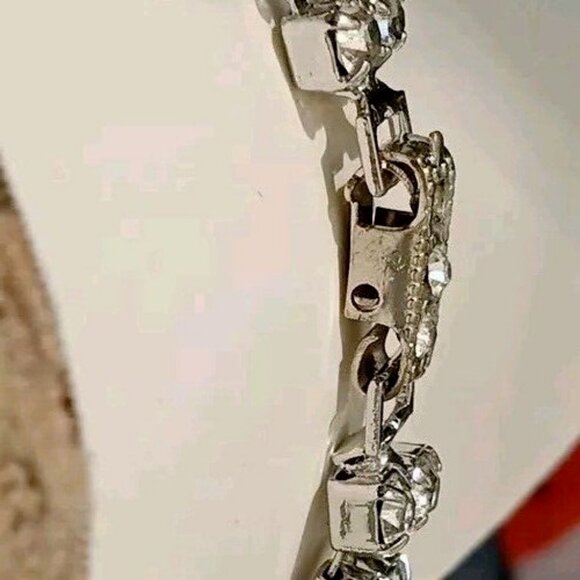 Vintage Silver Tone Infinity Bracelet CZ Rhinestones Encrusted Fold Over Clasp - Picture 9 of 10